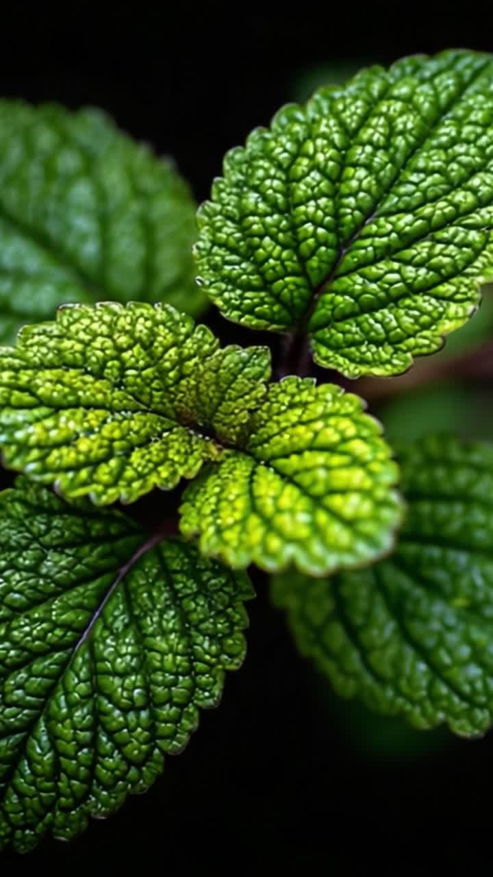 Close-Up of Vibrant Green Leaves Showcasing Intricate Textures and Details in a Dark Background, Highlighting Nature's Beauty and Resilience