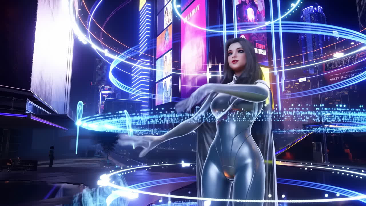 Futuristic Woman Interacting with Holographic Interface in a Cyberpunk City at Night