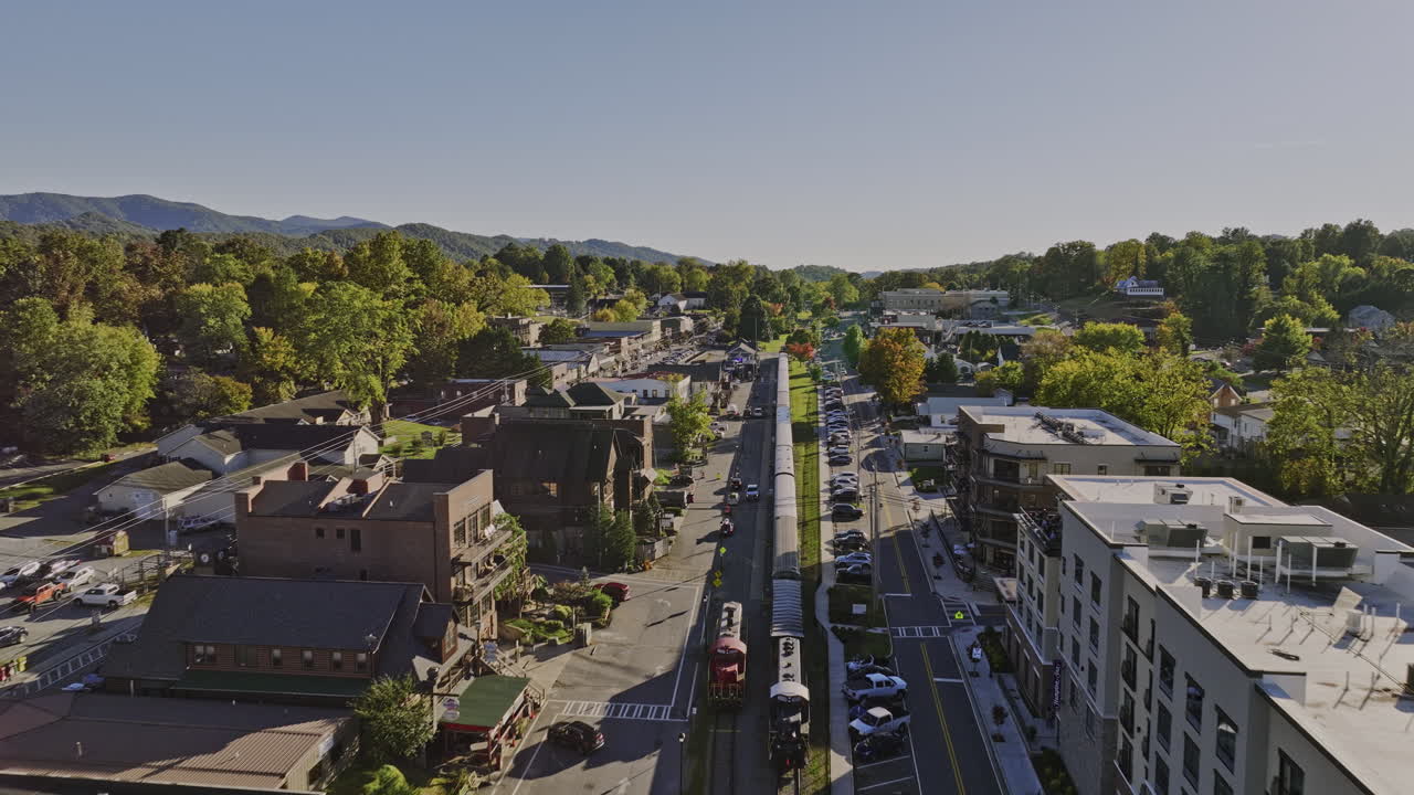 Blue Ridge Georgia Aerial v7 cinematic drone flyover charming town center along scenic railway track capturing beautiful townscape and mountainscape views - Shot with Mavic 3 Cine - October 2022