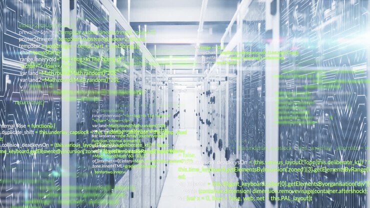 Animation of programming languages and illuminated abstract lines moving on data server systems