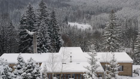 casa moderna en un valle forestal de invierno, chimenea humeante, nieve, chequia