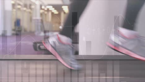 Animation-of-statistics-and-data-processing-over-woman-running-on-treadmill