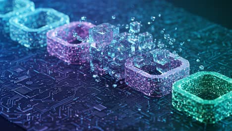 exploring the intersection of technology and art: a vibrant digital representation of circuitry with evolving cubes and bubbles capturing the essence of modern innovation