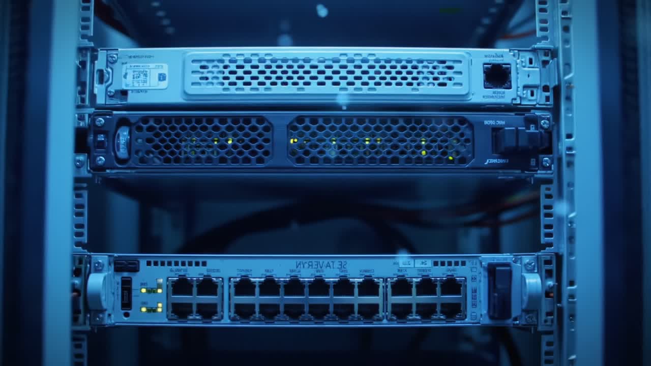 Illuminated Server Rack Stacked with Network Equipment, Showcasing LED Indicators and Internal Connectivity in a Technology-Laden Environment