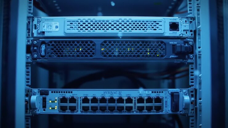 Rack server illuminato con apparecchiature di rete, che mostra indicatori LED e connettività interna in un ambiente ricco di tecnologia