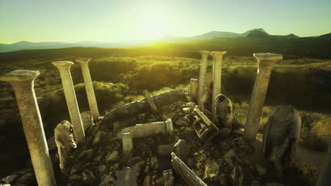 ruins of ancient columns against a sunrise in a historical landscape