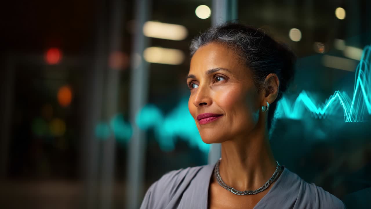 A confident and graceful woman gazes thoughtfully into the distance, set against a backdrop of modern technology and vibrant visual elements representing sound waves and creativity, embodying poise