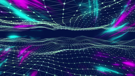 animation of light trails over network of connections on black background