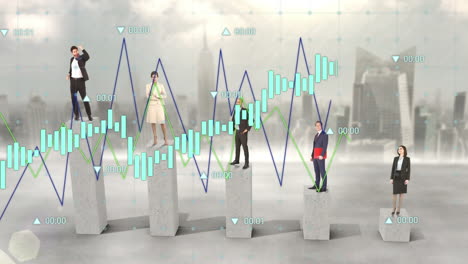 animación del procesamiento de datos financieros en diversos empresarios y paisajes urbanos