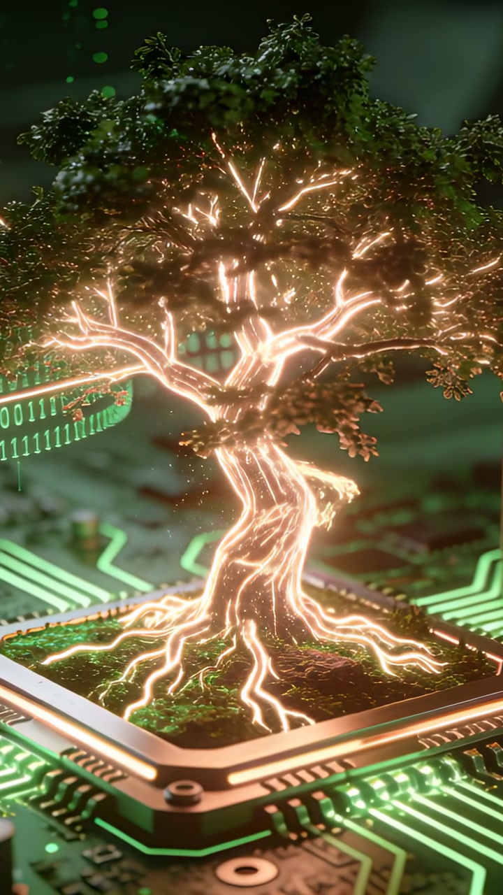 Vertical video: Tech tree receiving power pulse in CPU socket, pulsing vein, powering data flow