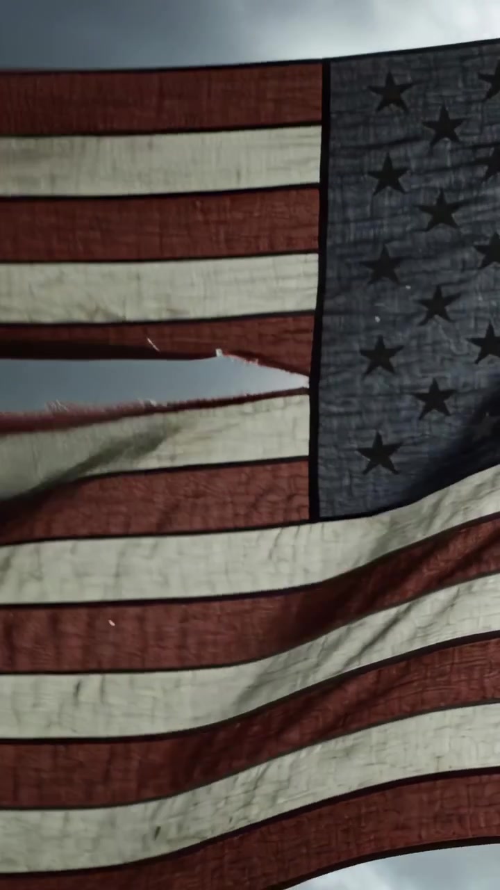 Video verticale: Bandiera americana che sventola, prendendo raffiche da un cielo nuvoloso, mostrando uno strappo e la coda sfilacciata.
