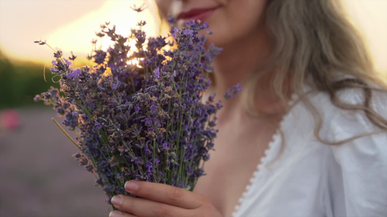 Close up of a woman in a white dress holding and smelling a bouquet of lavender in a field at sunset