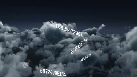 Animation-of-multiple-changing-numbers-floating-over-dark-clouds-in-the-sky