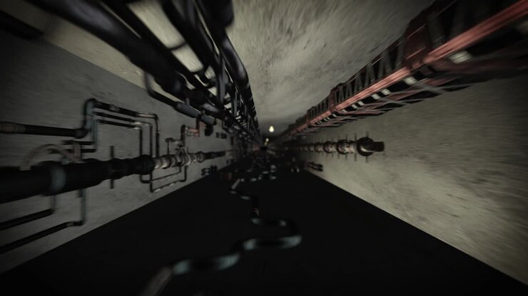 Dark tunnel with rusty pipelines 02
