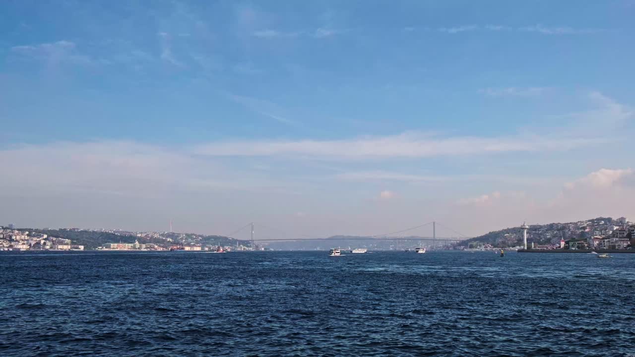 Stunning 4K cityscape of Istanbul, Turkey. Ferries and boats cross the Bosphorus Strait, with the iconic bridge and modern skyline in the background