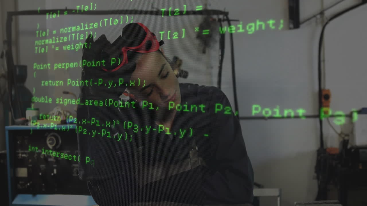 woman metalworker leaning forward in tech workshop showing green code overlaying machinery