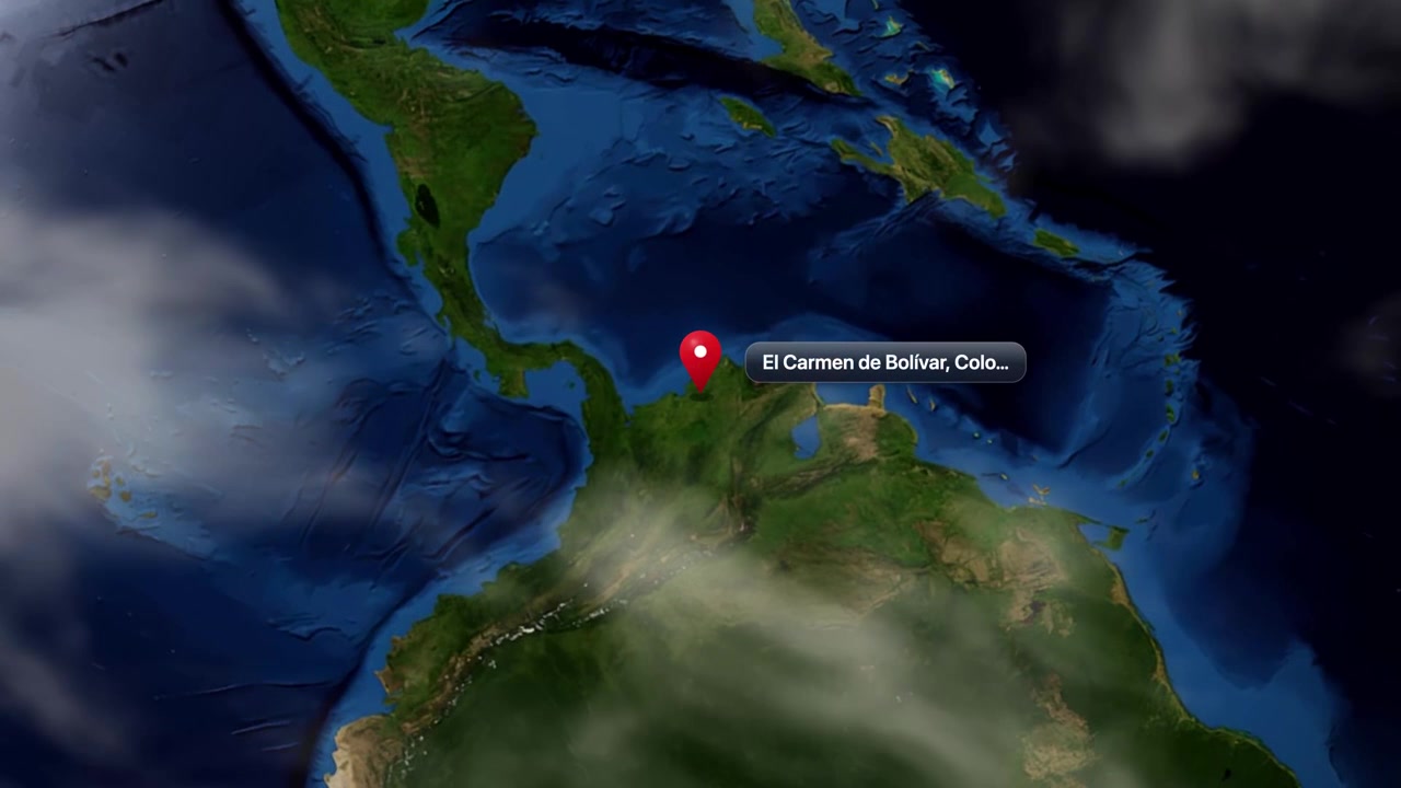 Satellite animation zooms from full planet Earth toward El Carmen de Bolivar in northern Colombia. Includes NASA public domain imagery.