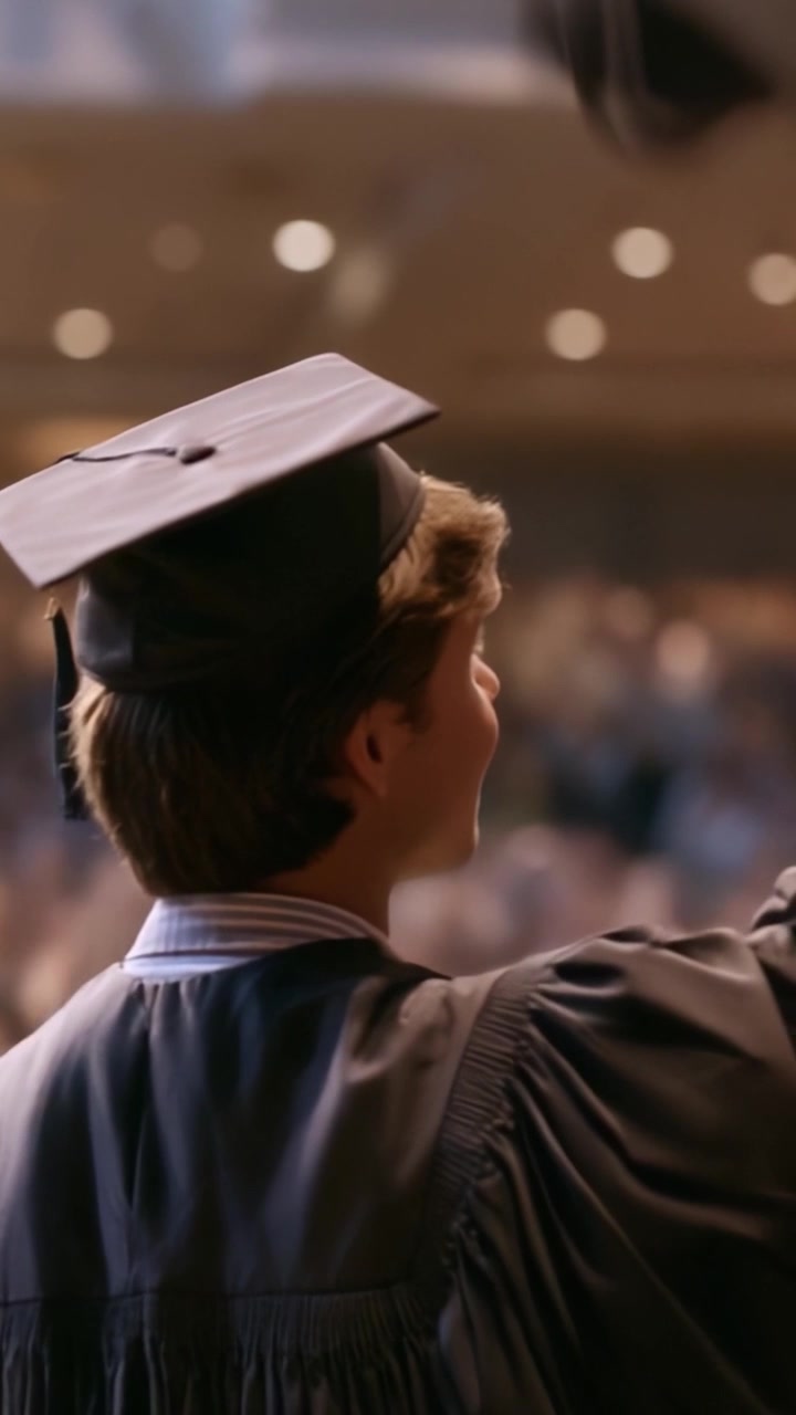 Un laureato orgoglioso celebra il suo traguardo con il tocco lanciato in aria durante una cerimonia affollata, abbracciando l'emozione del giorno della laurea