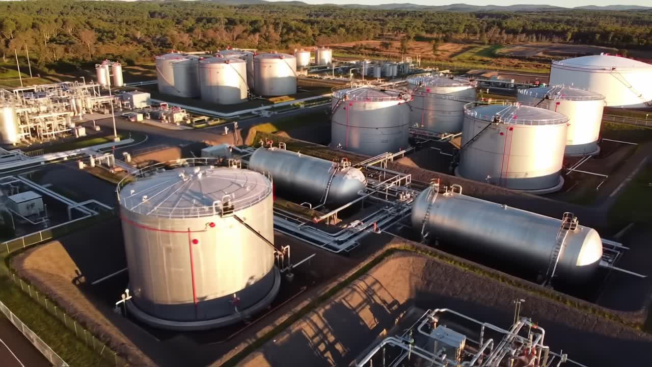 Overview of Large Storage Tanks at an Industrial Facility in a Rural Area During Sunset