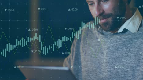 datos financieros y gráficos de mercado de valores animación sobre el hombre usando tableta