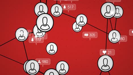 animación de la red de conexiones y números sobre fondo rojo