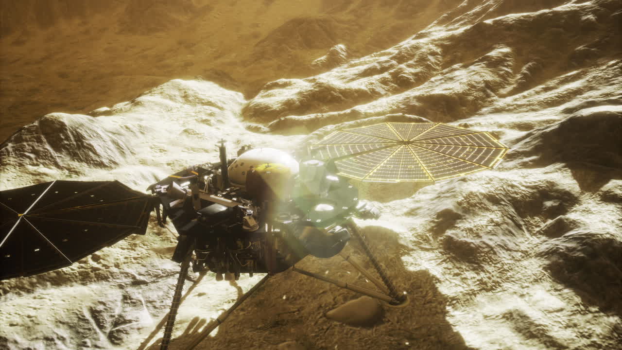 Mars insight lander exploring the surface of the red planet during the daytime