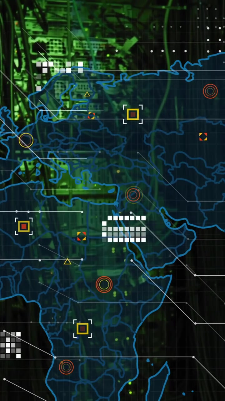 World map with data points and network connections animation over server room