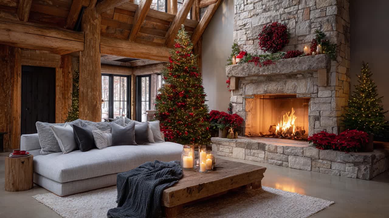 Cozy Holiday Living Room with a Stone Fireplace, Festive Decor, and Beautifully Adorned Christmas Trees Creating a Warm and Inviting Atmosphere