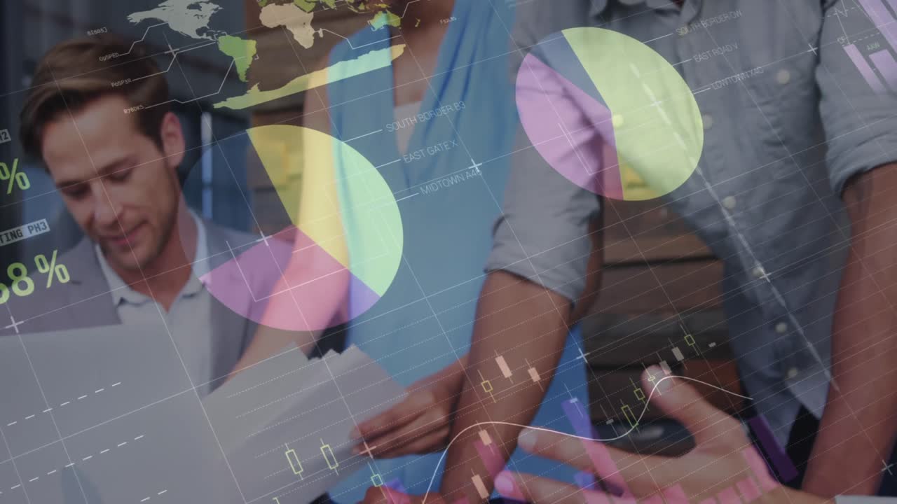 Animation of pizza icons and data processing over african american man using laptop at office