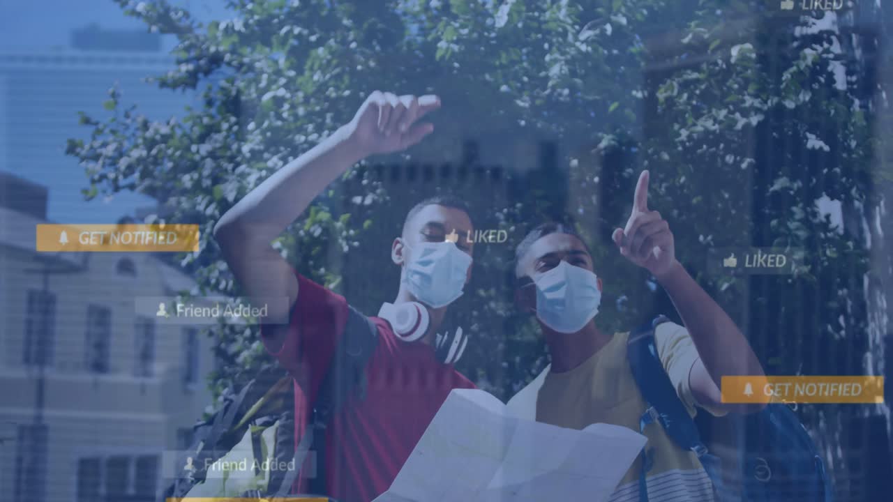 도시 지도를 분석하는 아프리카계 미국인 친구들에 대한 다채로운 소셜 미디어 알림의 애니메이션