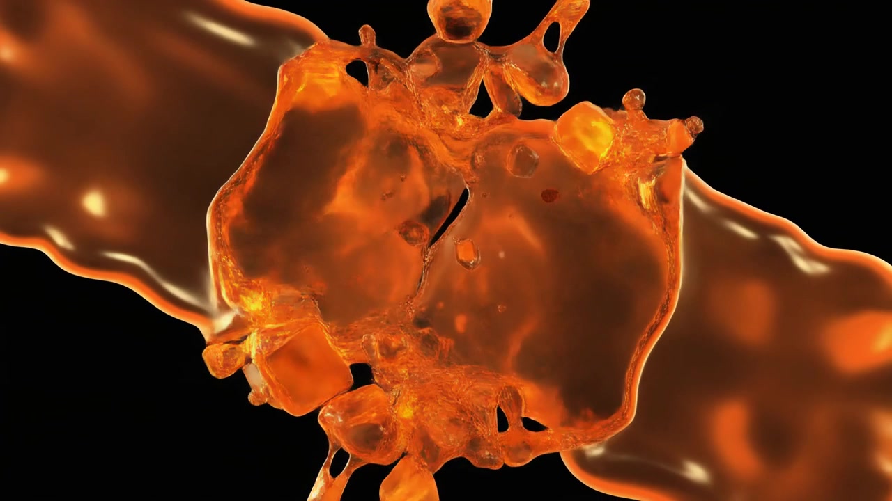 Due Flussi di Liquido Arancione che si Scontrano e Schizzano con Cubetti di Ghiaccio
