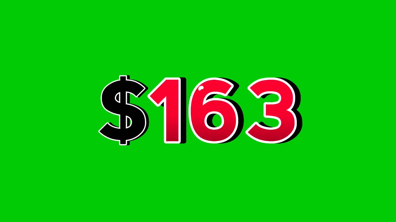 Animation number $163 dollar sign motion graphics with smoke effect green screen background vibrant red numbers. Video 3D effect with shadows for video elements business concept