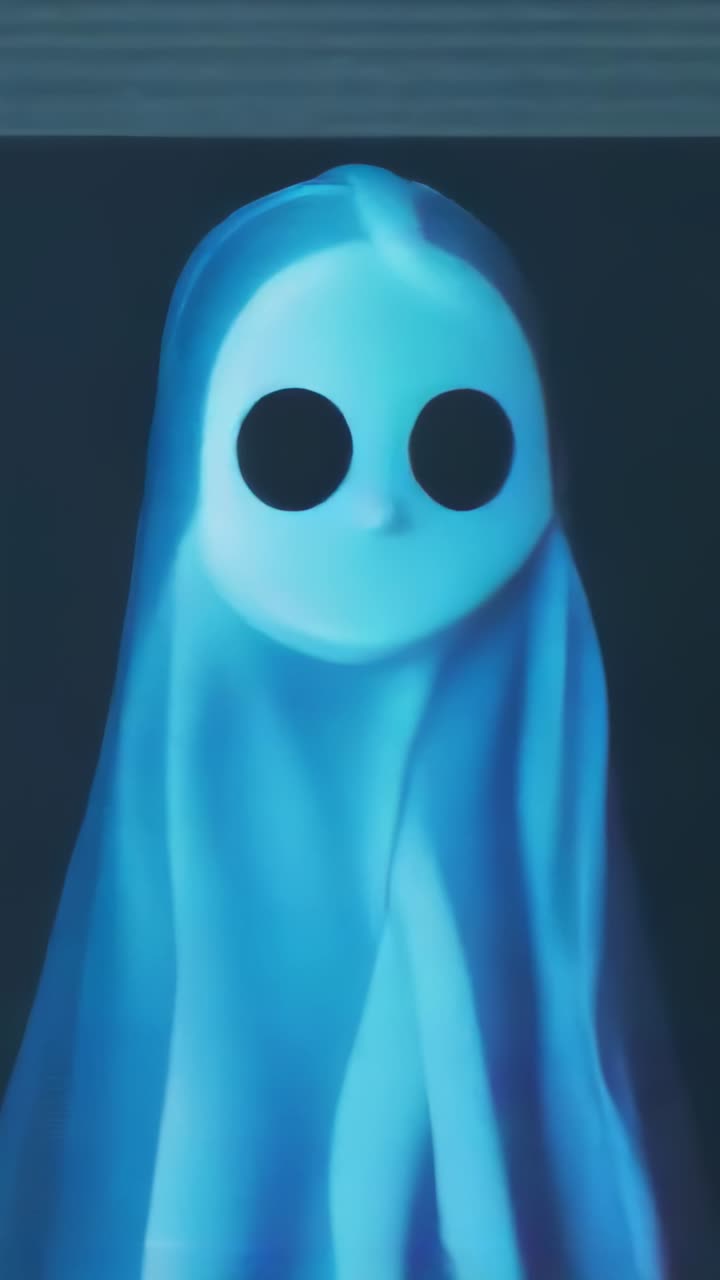 Vertical video: Phantom figure flashing pink and blue in void upon playback start with glitch bars