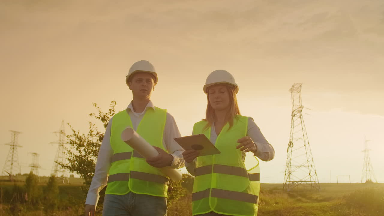 A group of engineers at a high-voltage power plant with a tablet and drawings walk and discuss a plan for the supply of electricity to the city. Transportation of renewable clean energy.