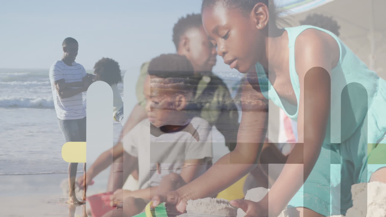 Animação de formas sobre uma família afro-americana na praia
