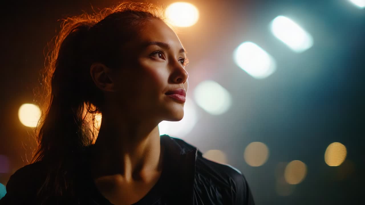 A Portrait of Resilience: Capturing the Essence of a Young Woman in an Evening Urban Setting, Highlighted by Blurred City Lights and a Soft Glow that Emphasizes Her Strength and Determination