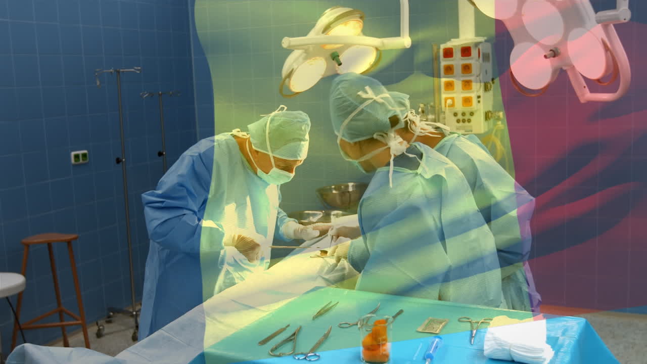수술실에서 외과 의사 들 위 에 벨기에 의  ⁇ 발 이 흔들리는 애니메이션