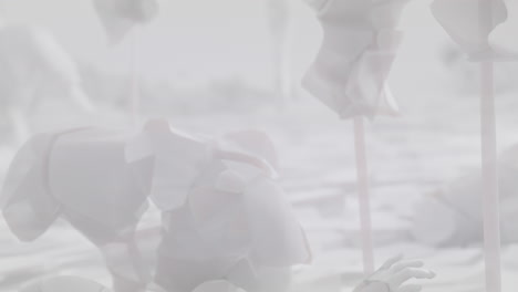 crushed android shells on spikes on a foggy, white junkyard