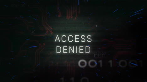 access denied text over binary code and circuit board animation