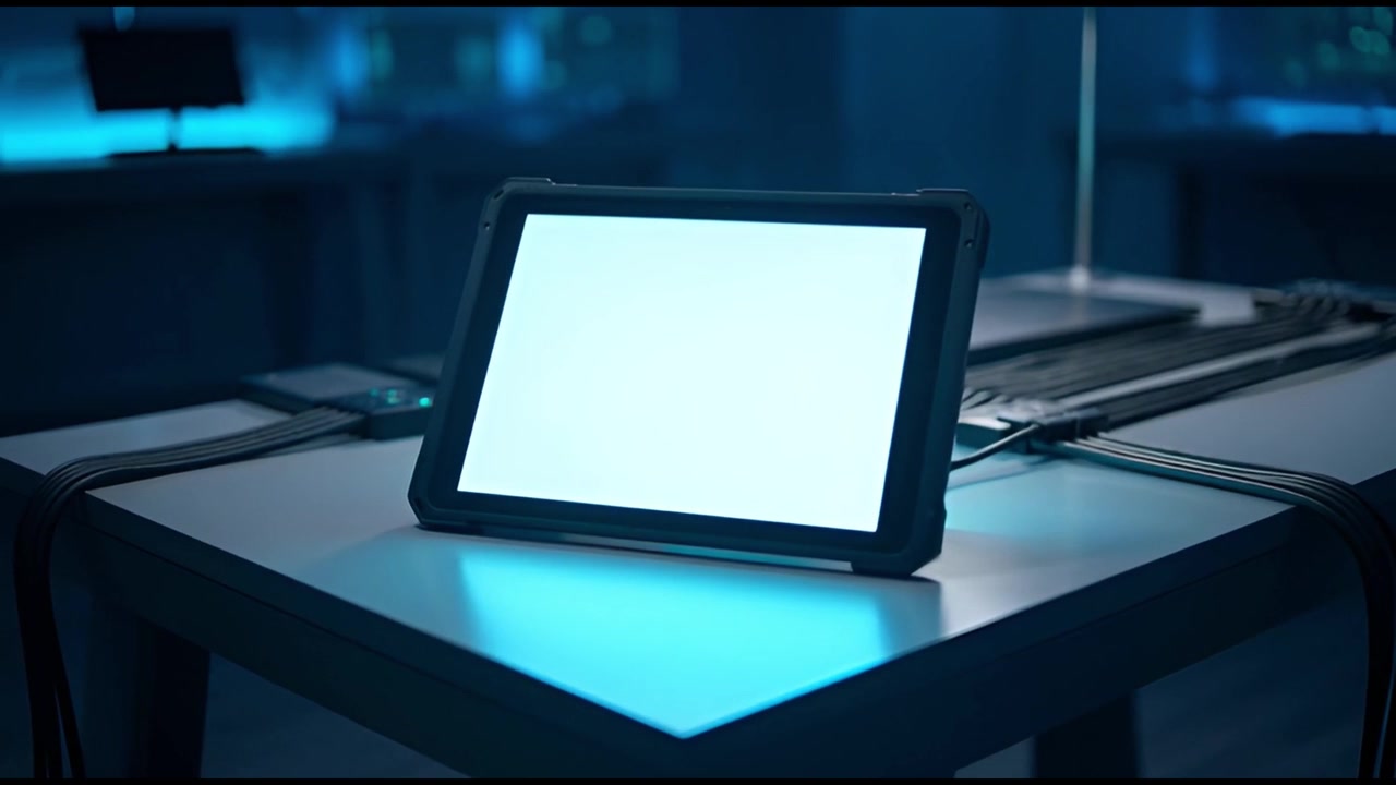 Blank White Screen Tablet on Desk in Dark Tech Environment
