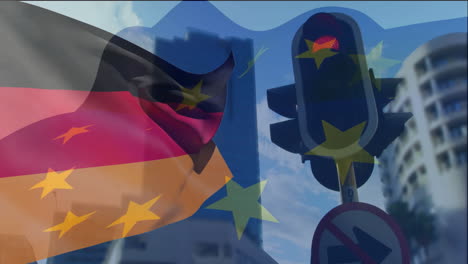 german flag and european union stars animation over cityscape with traffic light