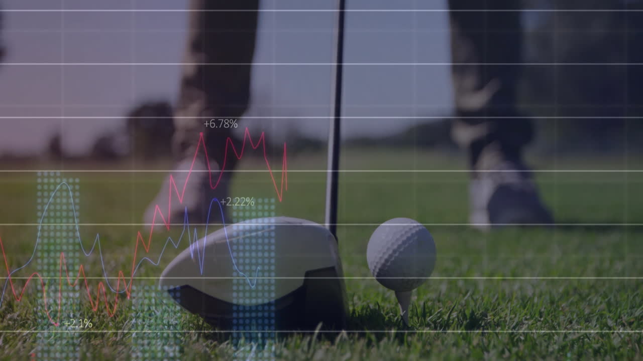 Golfer positioning driver head behind ball on tee, showing sports analytics graphs and percentages