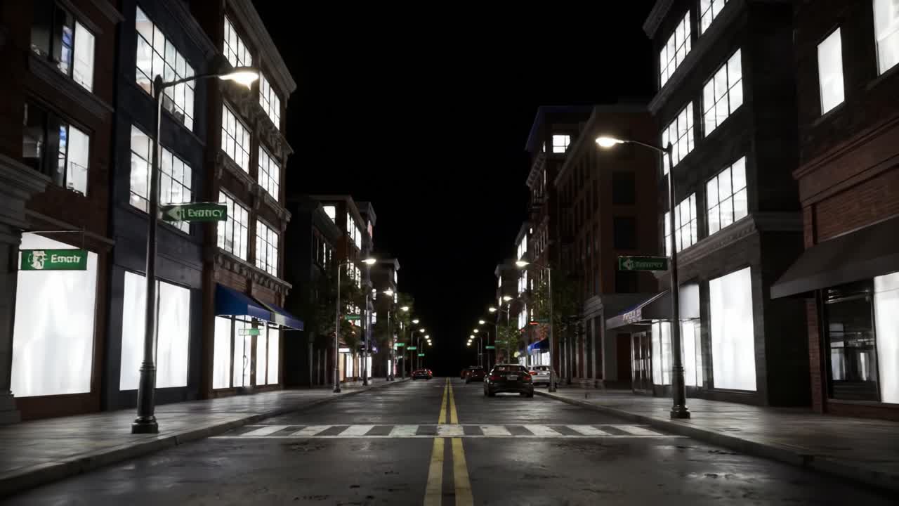 Una serena scena stradale urbana notturna con edifici illuminati e auto parcheggiate, che cattura la tranquillità e la bellezza della vita cittadina serale.