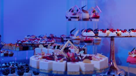 Desserts-and-small-cakes-on-display-plates,-establishing-shot