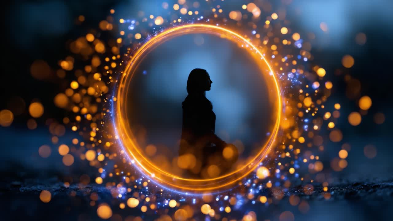 A Serene Silhouette Within a Mystical Circle of Light and Sparkles, Capturing the Essence of Tranquility and Reflection in a Dreamlike Atmosphere