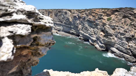 scenic coastline of sagres, algarve, portugal, slow motion panning revealing cliffside beach