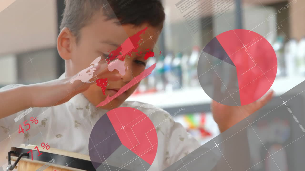 교실에서 드럼을 연주하는 두 인종 학생에 대한 차트 및 데이터 처리의 애니메이션