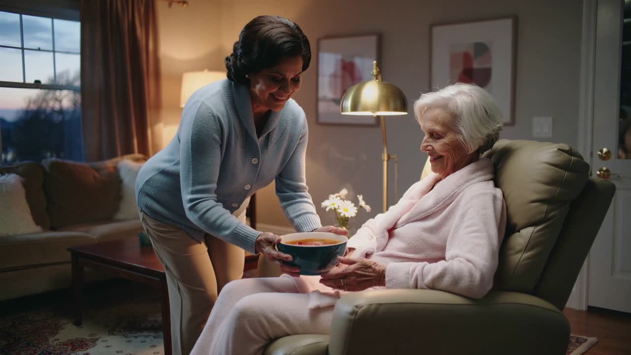 Smiling caregiver in blue cardigan leaning placing bowl of soup on Senior's lap in living room