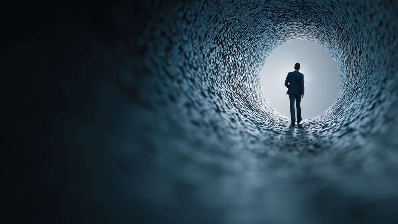 A lone figure walks through a tunnel of intricate textures, symbolizing a journey of self-discovery, introspection, and hope as light gradually illuminates the path ahead
