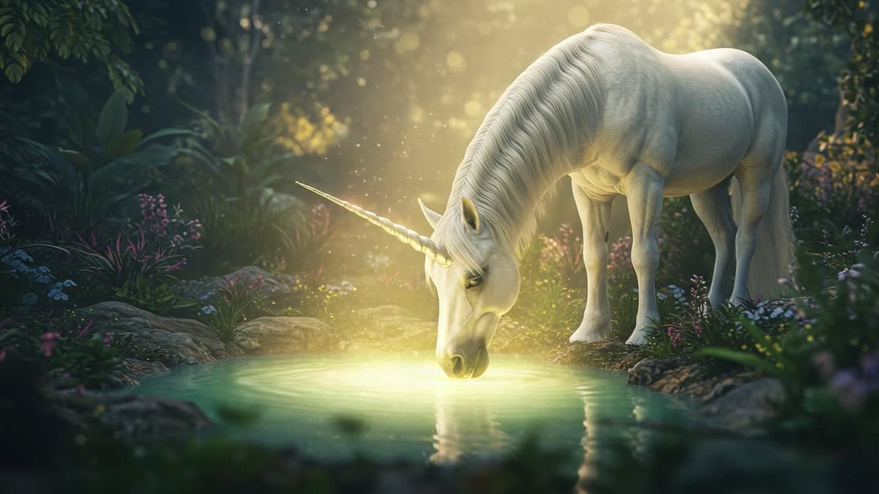 A Majestic Unicorn Gazes Into a Tranquil Pool, Surrounded by Enchanting Flora and Serene Light, Capturing the Essence of Fantasy and Wonder in Nature's Embrace